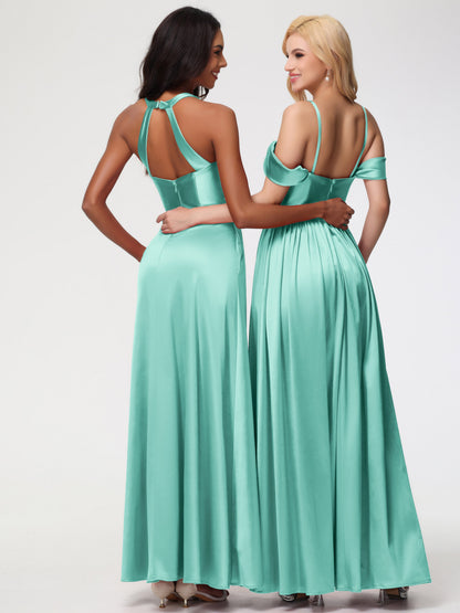 Bridesmaid Dress Mint Green Elegant V-Neck A Line Slit Stretch Satin Long Bridesmaid Dress