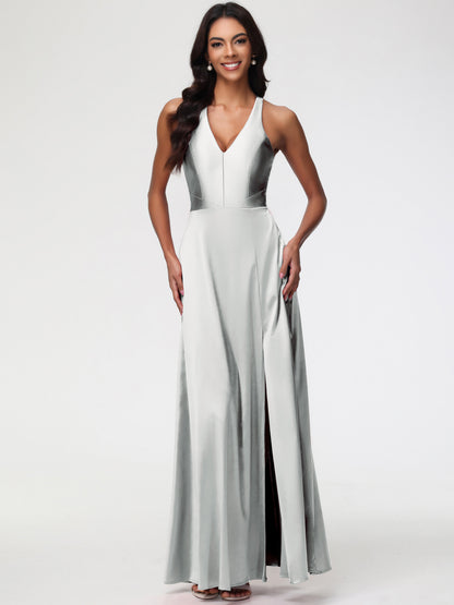 Bridesmaid Dresses Silver Elegant V-Neck A Line Slit Stretch Satin Long Bridesmaid Dress