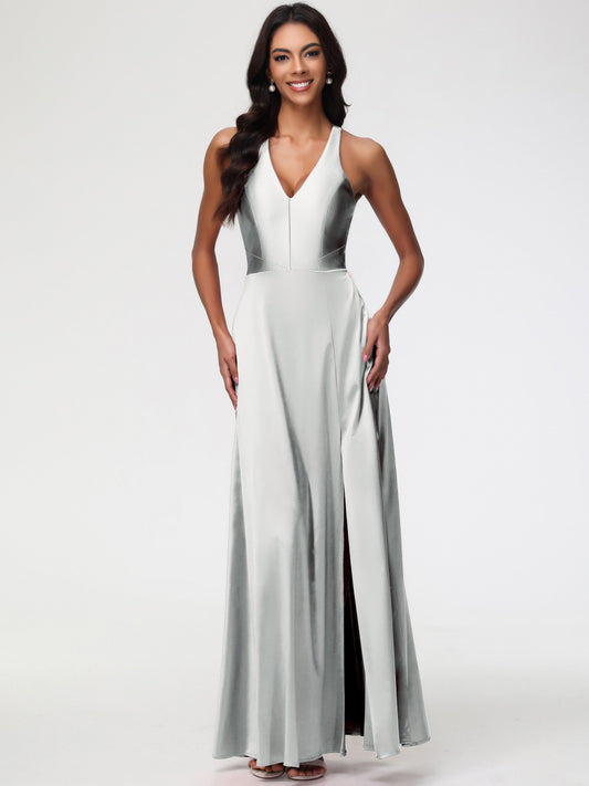 Bridesmaid Dresses Silver Elegant V-Neck A Line Slit Stretch Satin Long Bridesmaid Dress