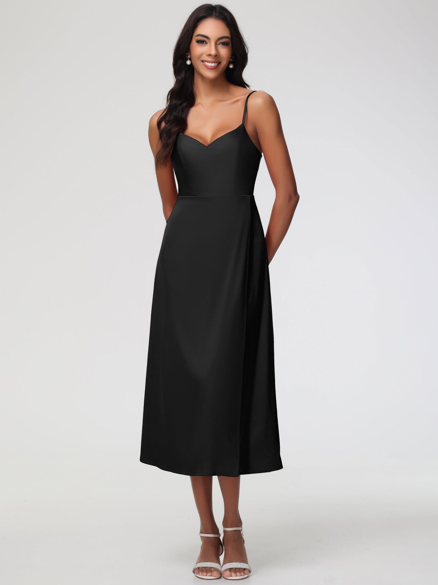 Bridesmaid Dresses Black Women Spaghetti Straps Tea Length Back Zip Stretch Satin Bridesmaid Dress