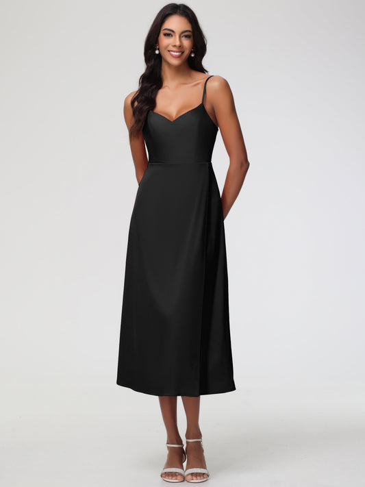 Bridesmaid Dresses Black Women Spaghetti Straps Tea Length Back Zip Stretch Satin Bridesmaid Dress