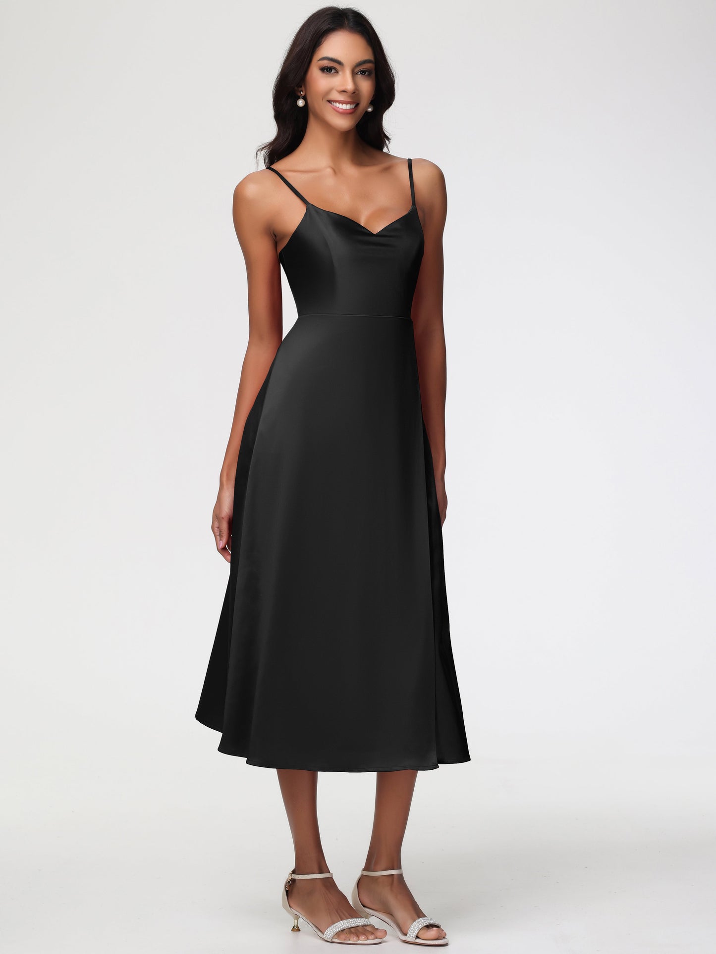 Bridesmaid Dresses Black Women Spaghetti Straps Tea Length Back Zip Stretch Satin Bridesmaid Dress