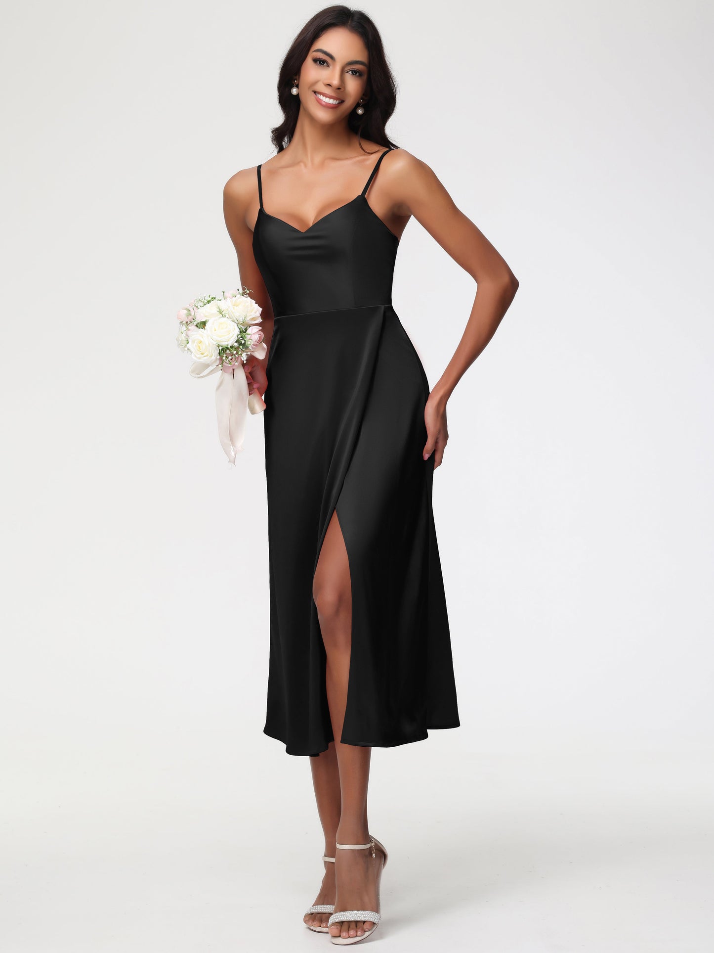 Bridesmaid Dresses Black Women Spaghetti Straps Tea Length Back Zip Stretch Satin Bridesmaid Dress