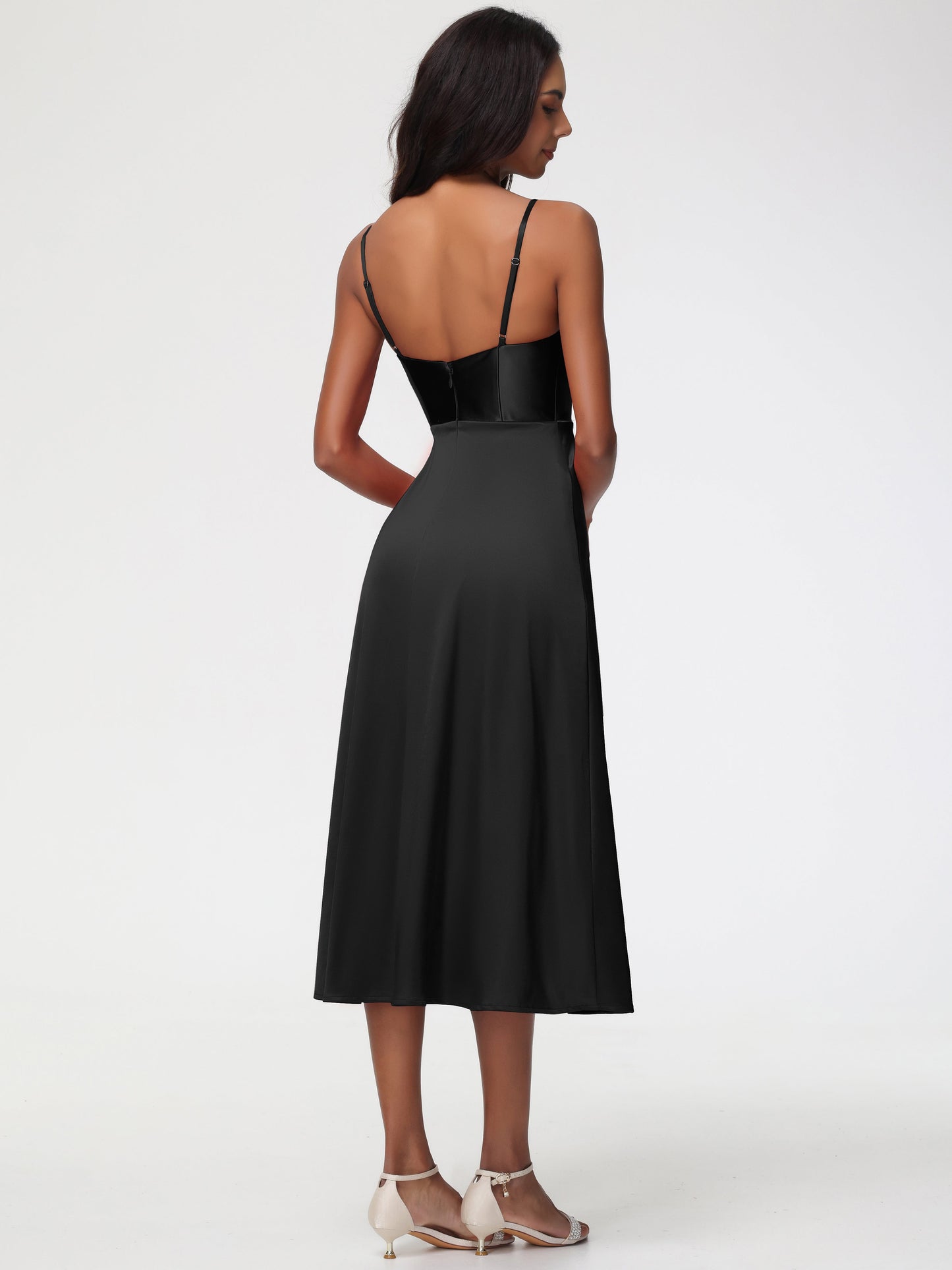 Bridesmaid Dresses Black Women Spaghetti Straps Tea Length Back Zip Stretch Satin Bridesmaid Dress
