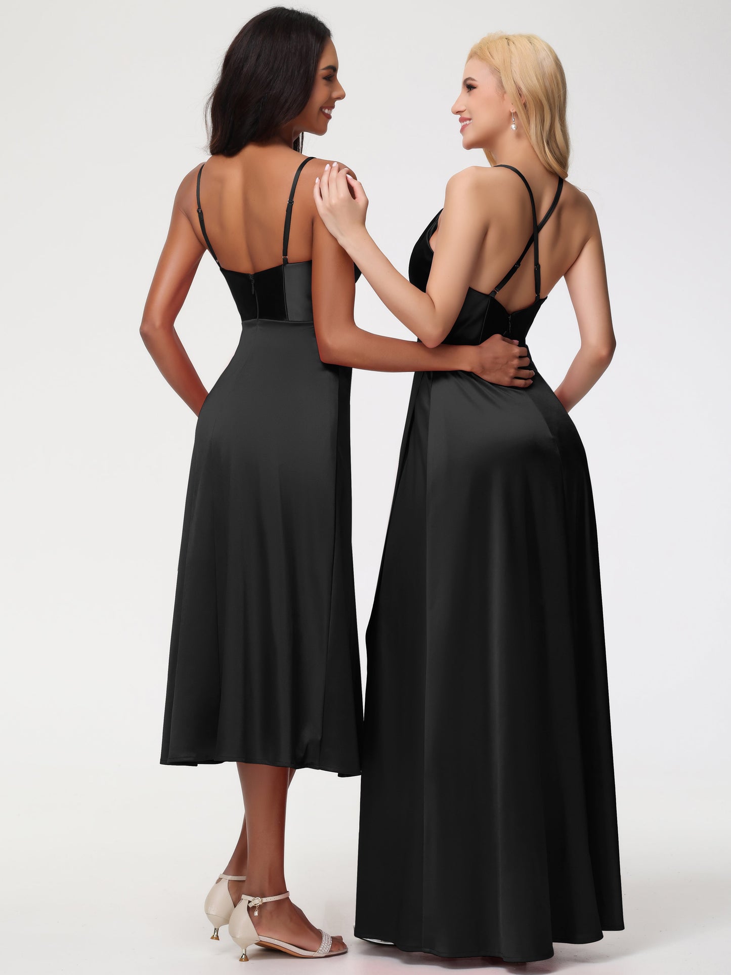 Bridesmaid Dresses Black Women Spaghetti Straps Tea Length Back Zip Stretch Satin Bridesmaid Dress