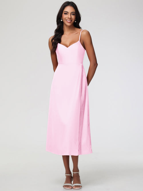 Blush Pink Bridesmaid Spaghetti Straps Tea Length Back Zip Stretch Satin Bridesmaid Dress