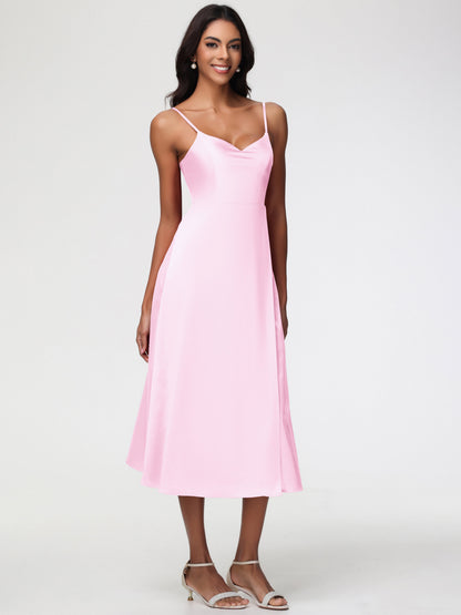 Blush Pink Bridesmaid Spaghetti Straps Tea Length Back Zip Stretch Satin Bridesmaid Dress