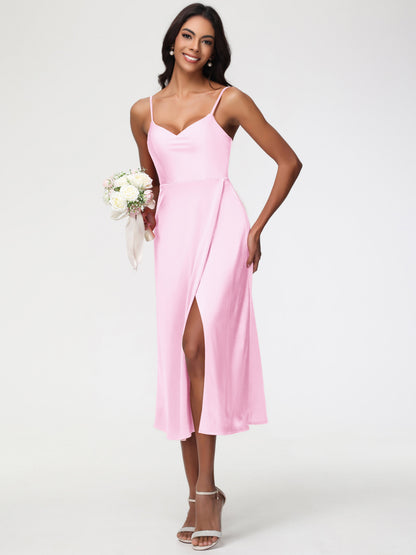 Blush Pink Bridesmaid Spaghetti Straps Tea Length Back Zip Stretch Satin Bridesmaid Dress
