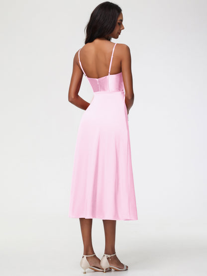 Blush Pink Bridesmaid Spaghetti Straps Tea Length Back Zip Stretch Satin Bridesmaid Dress