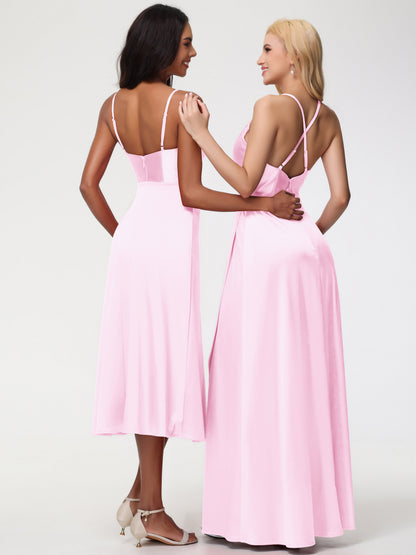 Blush Pink Bridesmaid Spaghetti Straps Tea Length Back Zip Stretch Satin Bridesmaid Dress
