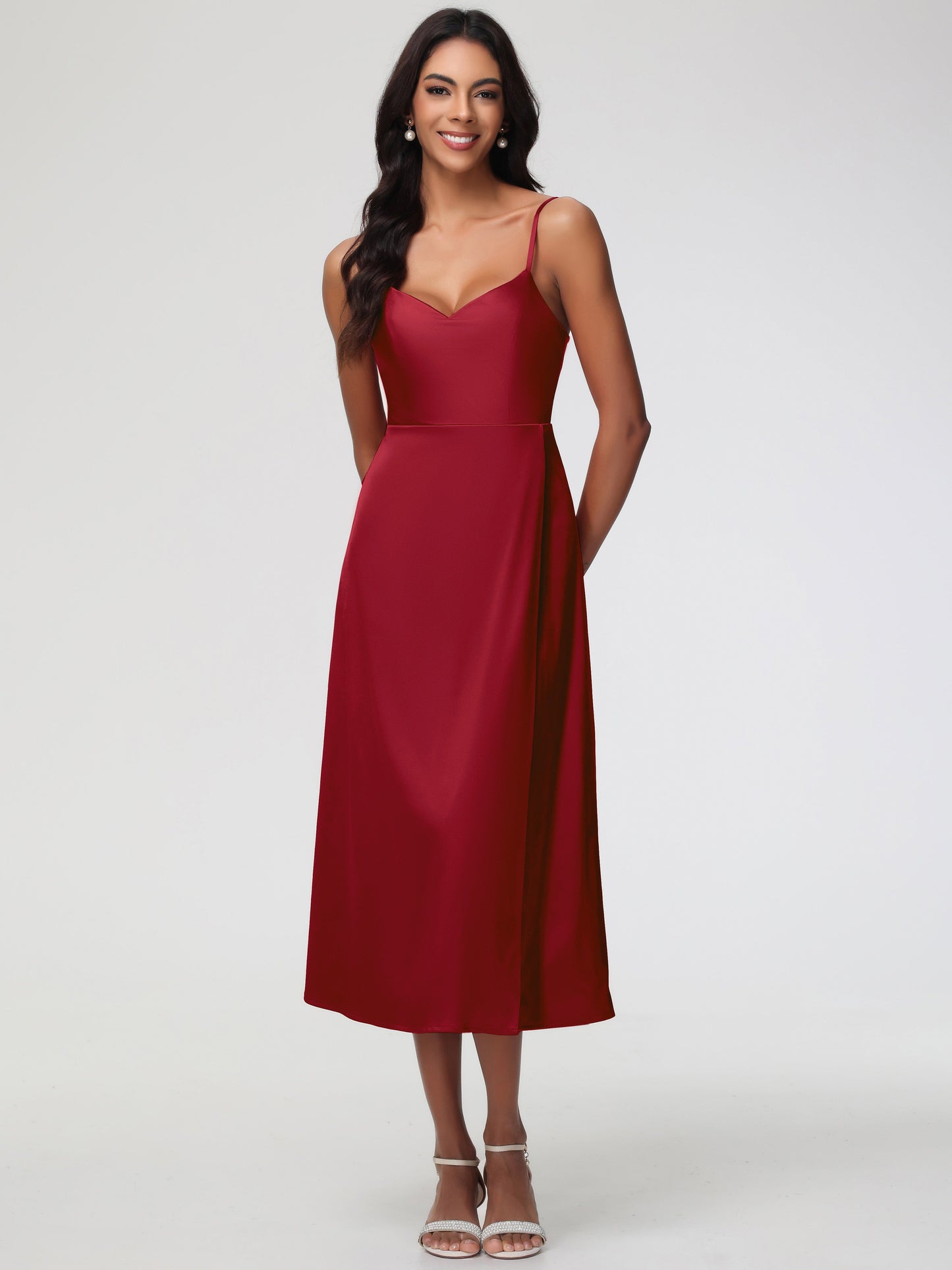 Bridesmaid Dress Champagne Spaghetti Straps Tea Length Back Zip Stretch Satin Bridesmaid Dress
