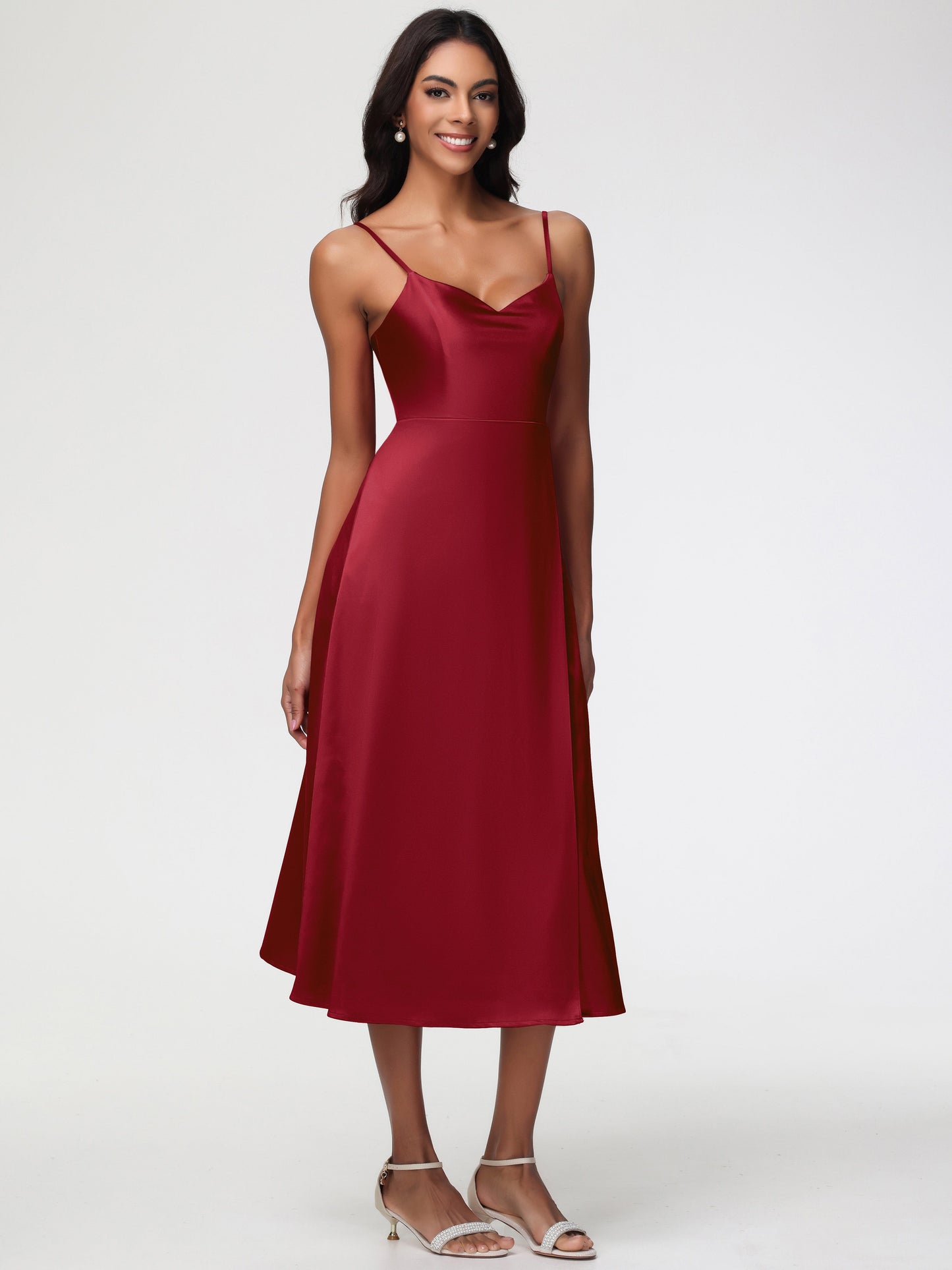 Bridesmaid Dress Champagne Spaghetti Straps Tea Length Back Zip Stretch Satin Bridesmaid Dress