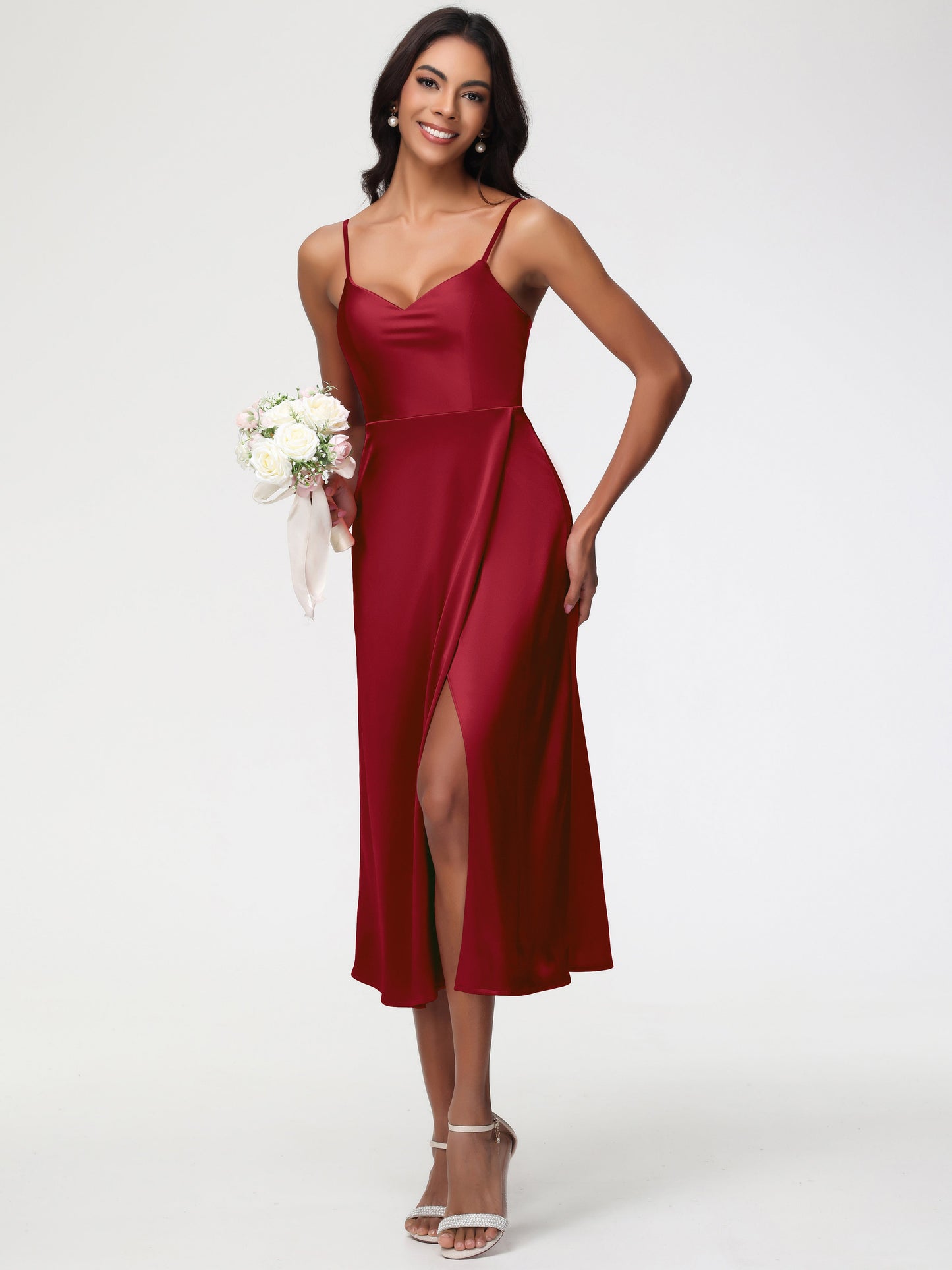 Bridesmaid Dress Champagne Spaghetti Straps Tea Length Back Zip Stretch Satin Bridesmaid Dress
