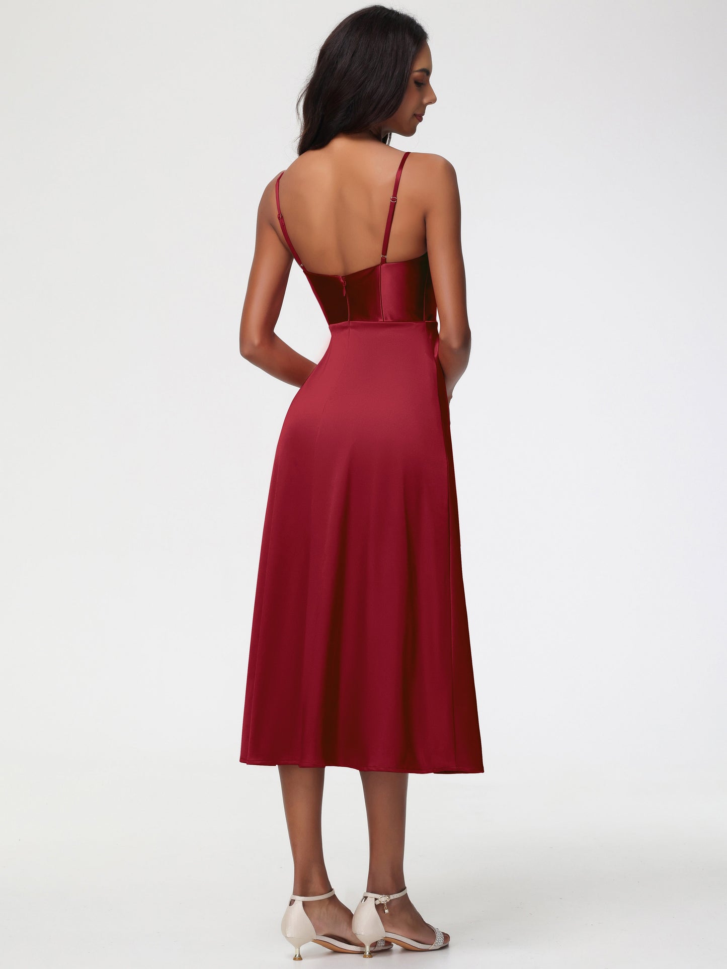 Bridesmaid Dress Champagne Spaghetti Straps Tea Length Back Zip Stretch Satin Bridesmaid Dress