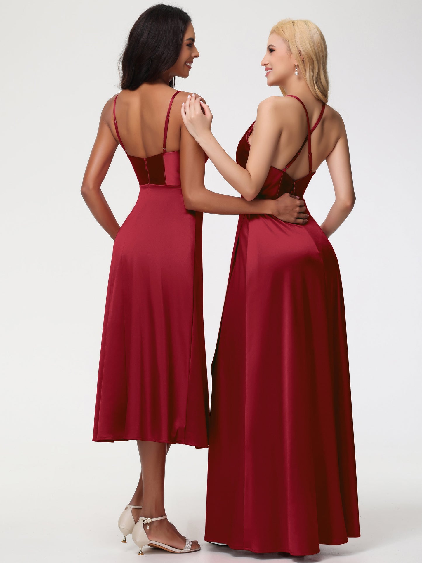 Bridesmaid Dress Champagne Spaghetti Straps Tea Length Back Zip Stretch Satin Bridesmaid Dress