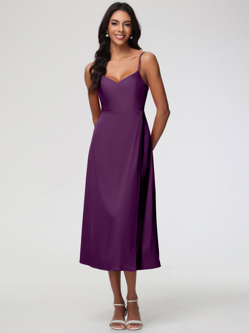 Bridesmaid Dress Grape Spaghetti Straps Tea Length Back Zip Stretch Satin Bridesmaid Dress