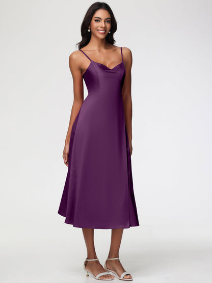 Bridesmaid Dress Grape Spaghetti Straps Tea Length Back Zip Stretch Satin Bridesmaid Dress
