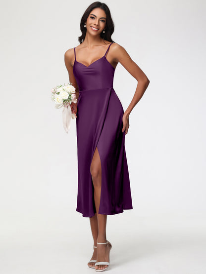 Bridesmaid Dress Grape Spaghetti Straps Tea Length Back Zip Stretch Satin Bridesmaid Dress
