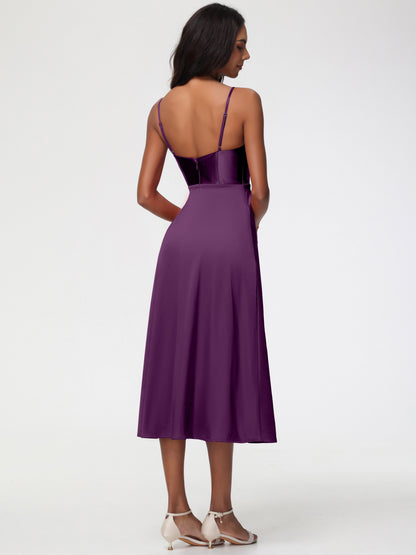 Bridesmaid Dress Grape Spaghetti Straps Tea Length Back Zip Stretch Satin Bridesmaid Dress