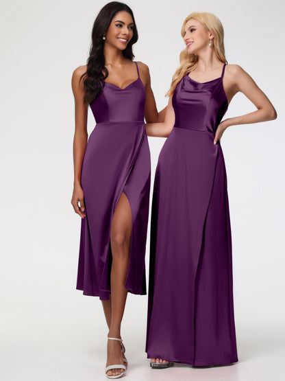 Bridesmaid Dress Grape Spaghetti Straps Tea Length Back Zip Stretch Satin Bridesmaid Dress