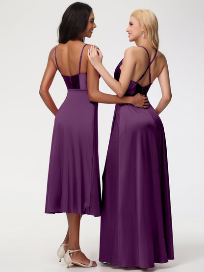 Bridesmaid Dress Grape Spaghetti Straps Tea Length Back Zip Stretch Satin Bridesmaid Dress