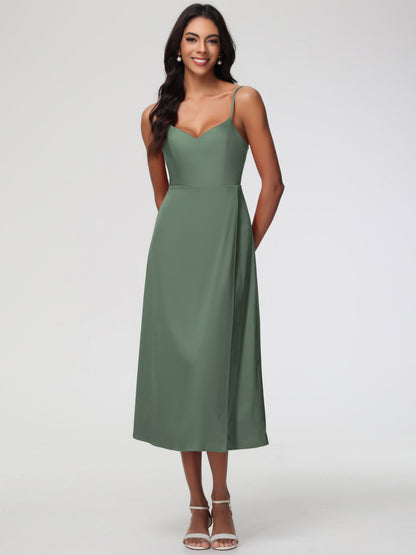 Bridesmaid Dress Olive Green Spaghetti Straps Tea Length Back Zip Stretch Satin Bridesmaid Dress