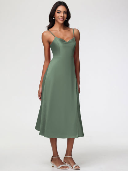 Bridesmaid Dress Olive Green Spaghetti Straps Tea Length Back Zip Stretch Satin Bridesmaid Dress