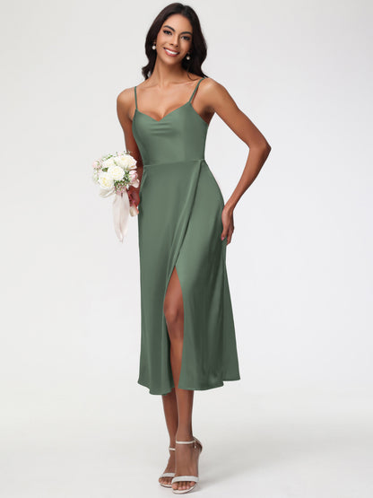 Bridesmaid Dress Olive Green Spaghetti Straps Tea Length Back Zip Stretch Satin Bridesmaid Dress