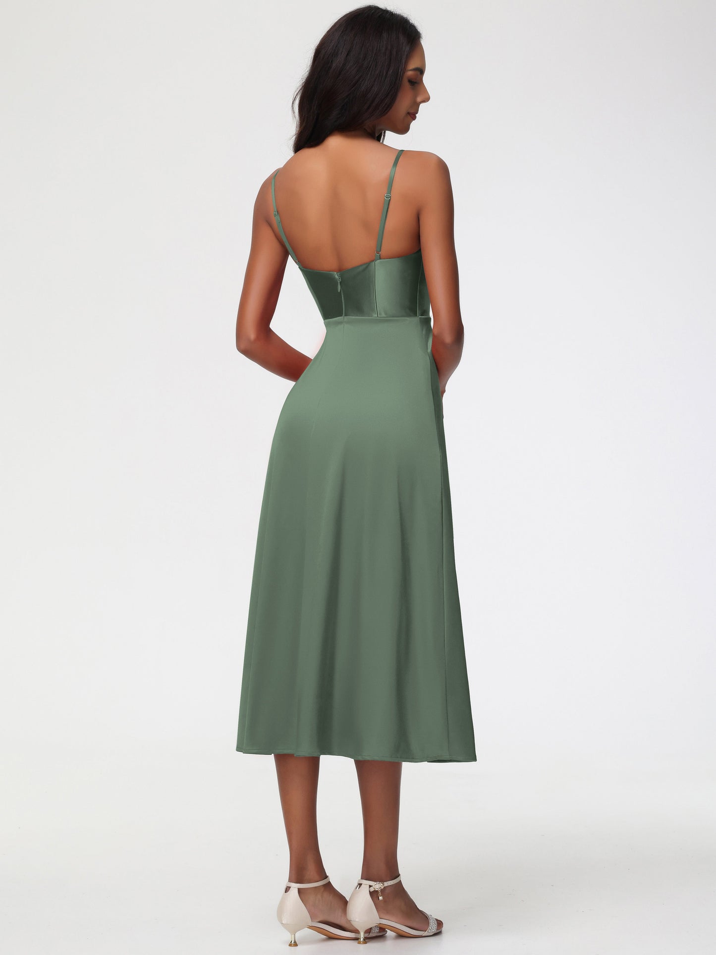 Bridesmaid Dress Olive Green Spaghetti Straps Tea Length Back Zip Stretch Satin Bridesmaid Dress