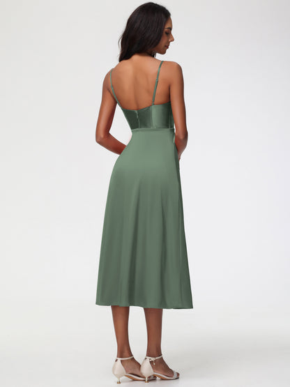 Bridesmaid Dress Olive Green Spaghetti Straps Tea Length Back Zip Stretch Satin Bridesmaid Dress