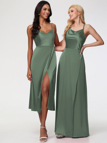Bridesmaid Dress Olive Green Spaghetti Straps Tea Length Back Zip Stretch Satin Bridesmaid Dress