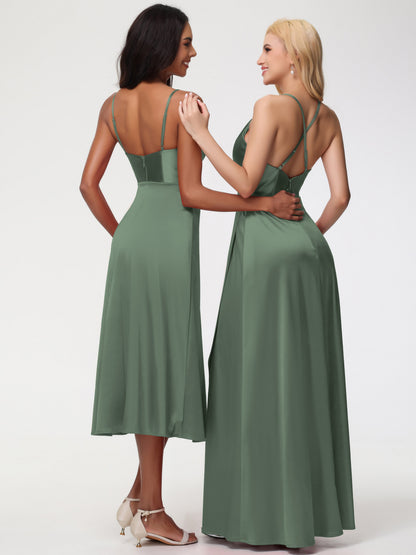 Bridesmaid Dress Olive Green Spaghetti Straps Tea Length Back Zip Stretch Satin Bridesmaid Dress