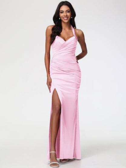 Bridesmaid Dresses Blush Pink Halter V-neck Mermaid Ruched Floor Length Stretch Satin Bridesmaid Dress