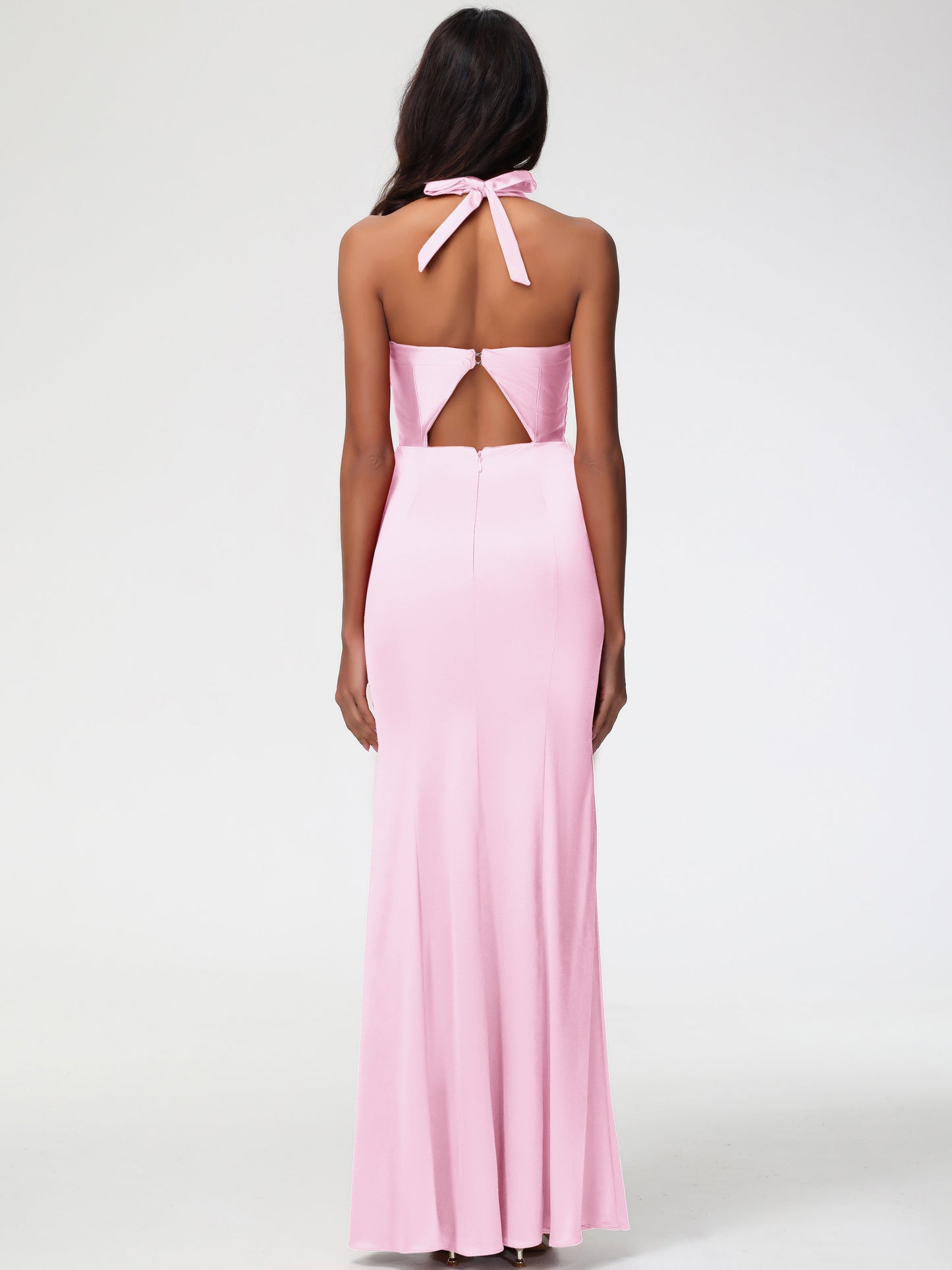 Bridesmaid Dresses Blush Pink Halter V-neck Mermaid Ruched Floor Length Stretch Satin Bridesmaid Dress