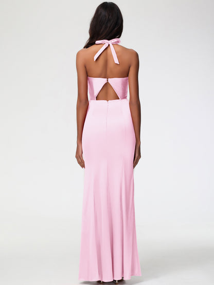 Bridesmaid Dresses Blush Pink Halter V-neck Mermaid Ruched Floor Length Stretch Satin Bridesmaid Dress
