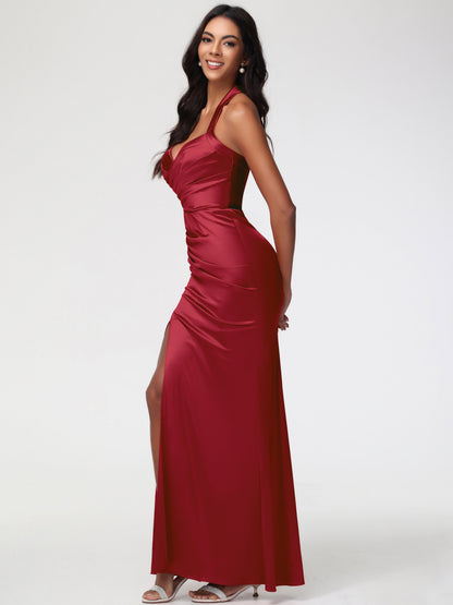 Bridesmaid Burgundy Color Dress Halter V-neck Mermaid Ruched Floor Length Stretch Satin Bridesmaid Dress
