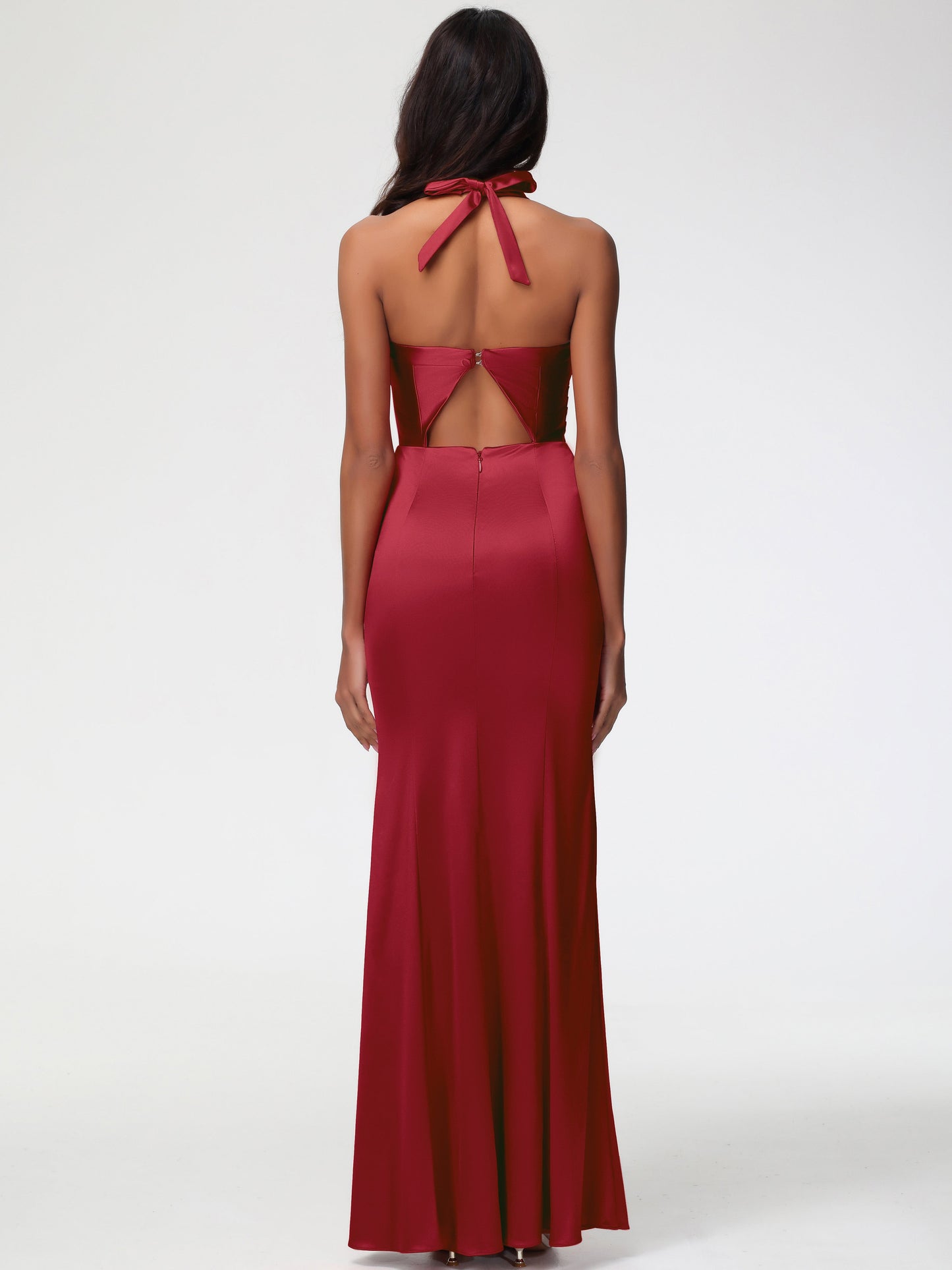 Bridesmaid Burgundy Color Dress Halter V-neck Mermaid Ruched Floor Length Stretch Satin Bridesmaid Dress