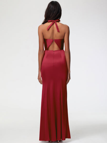 Bridesmaid Burgundy Color Dress Halter V-neck Mermaid Ruched Floor Length Stretch Satin Bridesmaid Dress