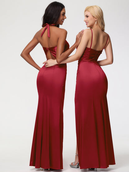 Bridesmaid Burgundy Color Dress Halter V-neck Mermaid Ruched Floor Length Stretch Satin Bridesmaid Dress