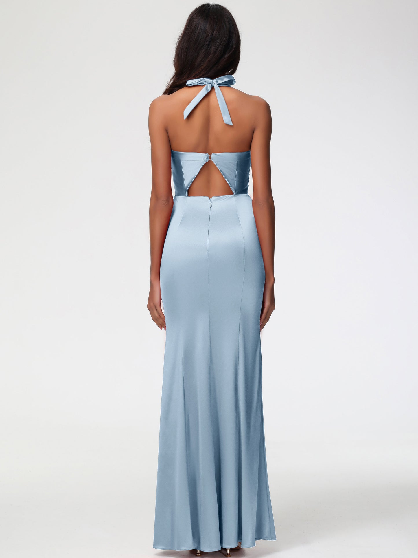 Bridesmaid Dresses Dusty Blue Halter V-neck Mermaid Ruched Floor Length Stretch Satin Bridesmaid Dress