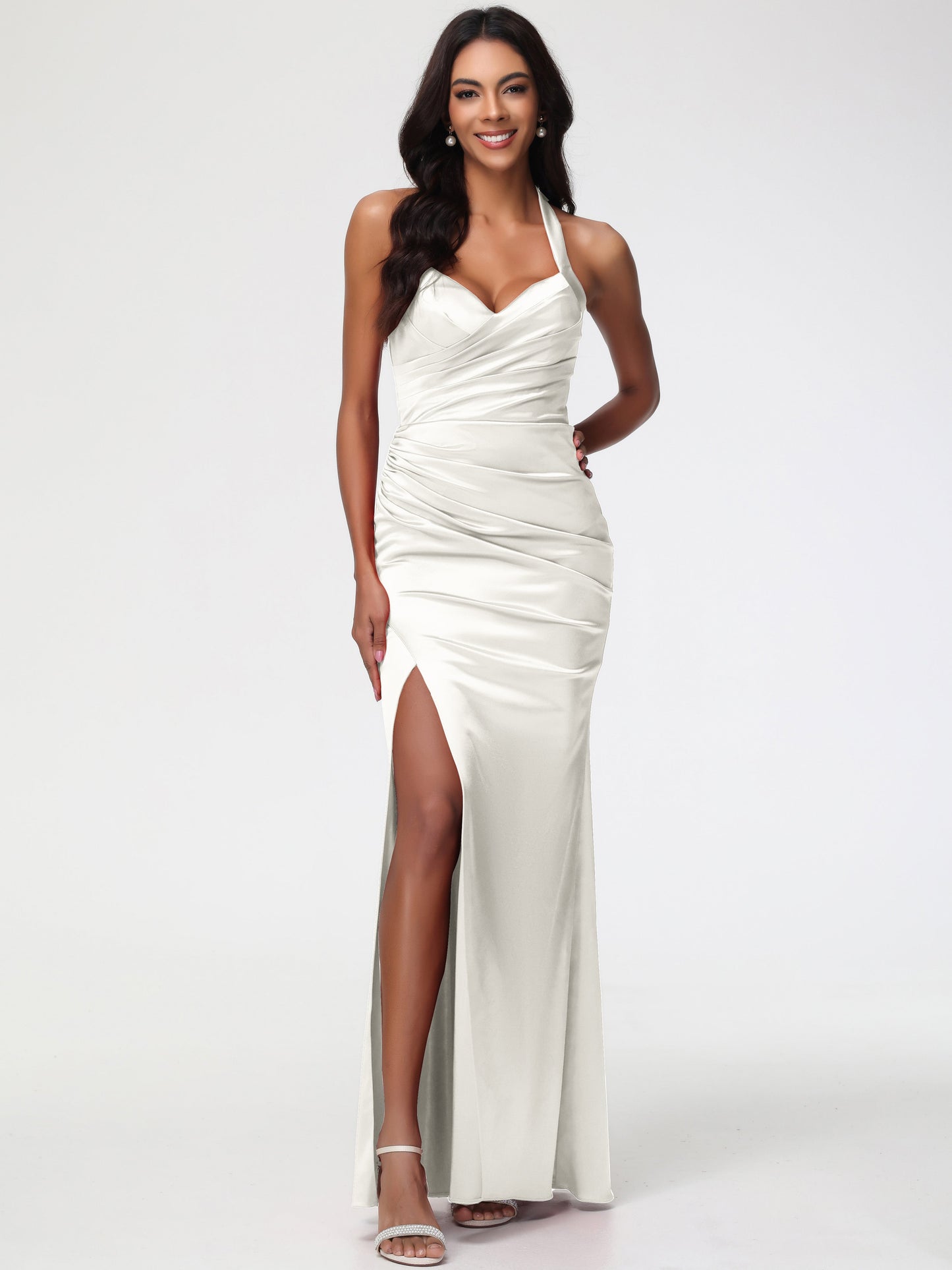 Bridesmaid Dress Ivory Halter V-neck Mermaid Ruched Floor Length Stretch Satin Bridesmaid Dress
