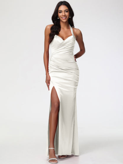Bridesmaid Dress Ivory Halter V-neck Mermaid Ruched Floor Length Stretch Satin Bridesmaid Dress
