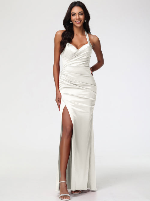 Bridesmaid Dress Ivory Halter V-neck Mermaid Ruched Floor Length Stretch Satin Bridesmaid Dress