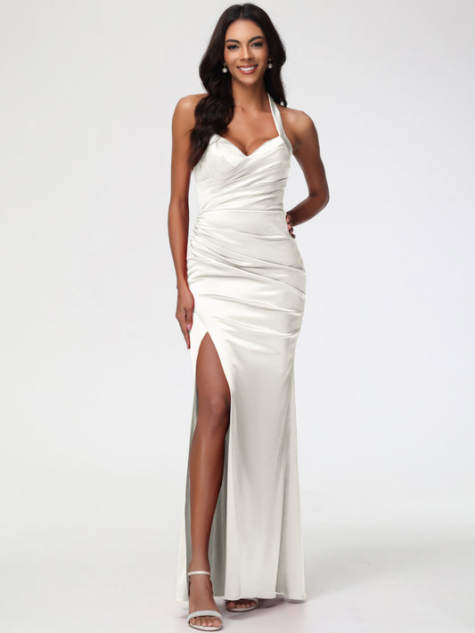 Bridesmaid Dress Ivory Halter V-neck Mermaid Ruched Floor Length Stretch Satin Bridesmaid Dress