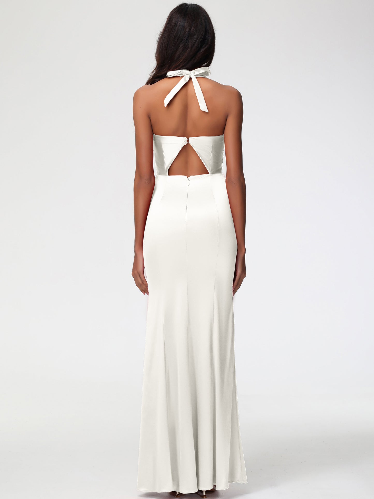 Bridesmaid Dress Ivory Halter V-neck Mermaid Ruched Floor Length Stretch Satin Bridesmaid Dress