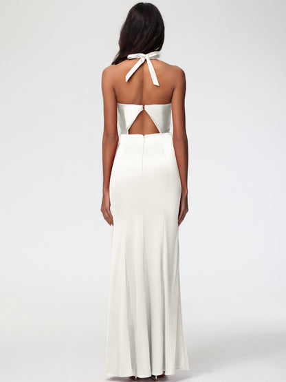 Bridesmaid Dress Ivory Halter V-neck Mermaid Ruched Floor Length Stretch Satin Bridesmaid Dress
