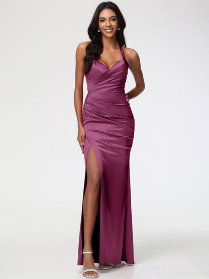 Bridesmaid Dresses Mulberry Halter V-neck Mermaid Ruched Floor Length Stretch Satin Bridesmaid Dress