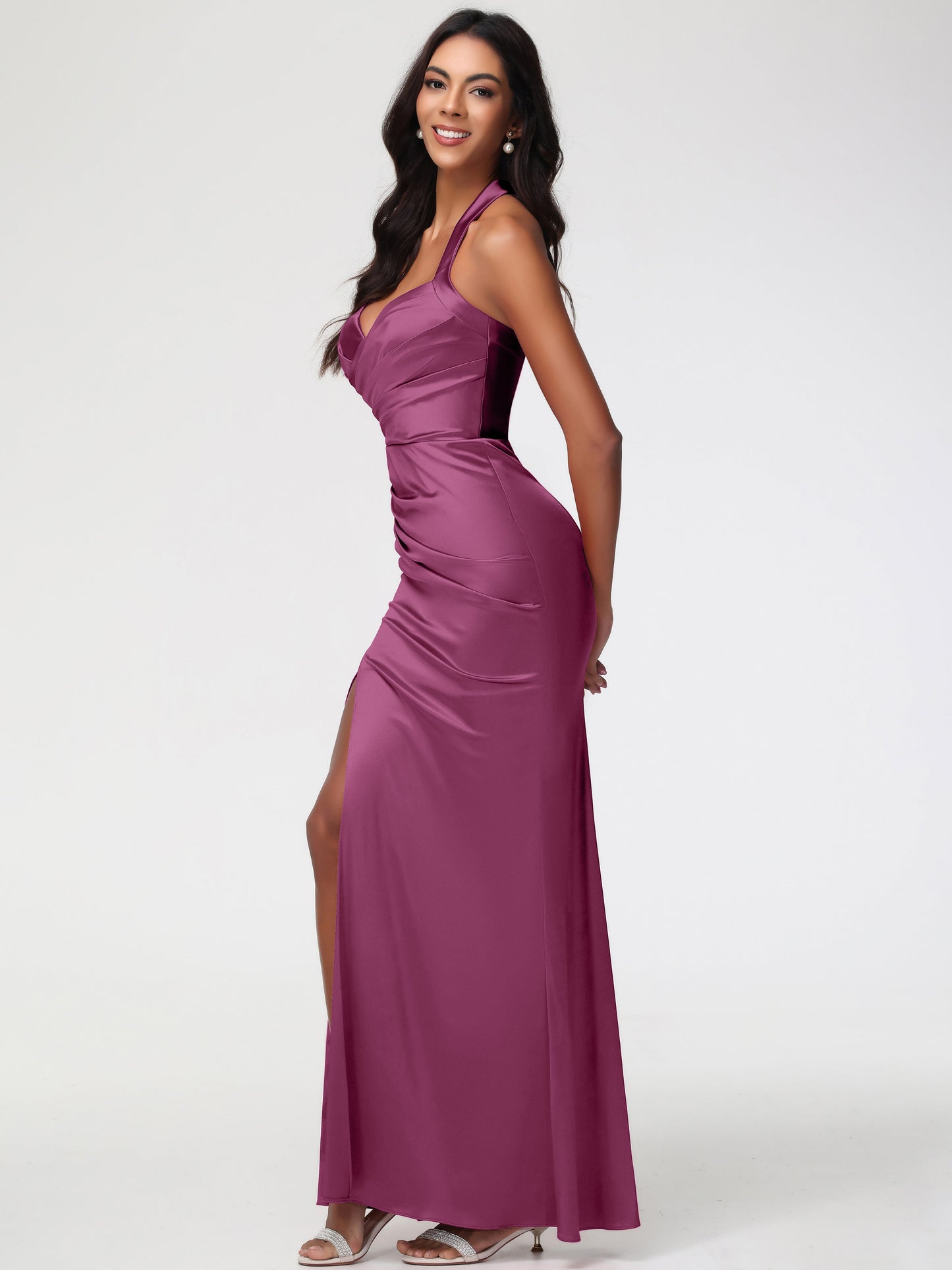 Bridesmaid Dresses Mulberry Halter V-neck Mermaid Ruched Floor Length Stretch Satin Bridesmaid Dress