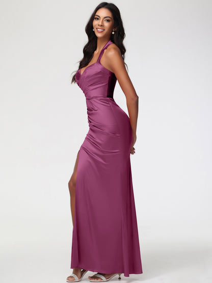 Bridesmaid Dresses Mulberry Halter V-neck Mermaid Ruched Floor Length Stretch Satin Bridesmaid Dress
