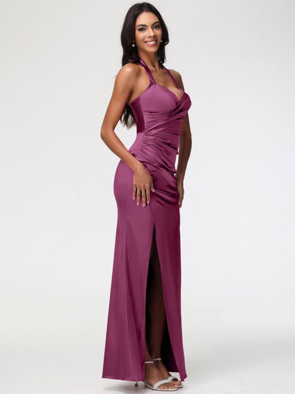 Bridesmaid Dresses Mulberry Halter V-neck Mermaid Ruched Floor Length Stretch Satin Bridesmaid Dress
